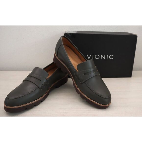 Vionic Women's Sz 10M Dark Khaki Green Leather Cheryl II Slip-On Loafers - Picture 1 of 12